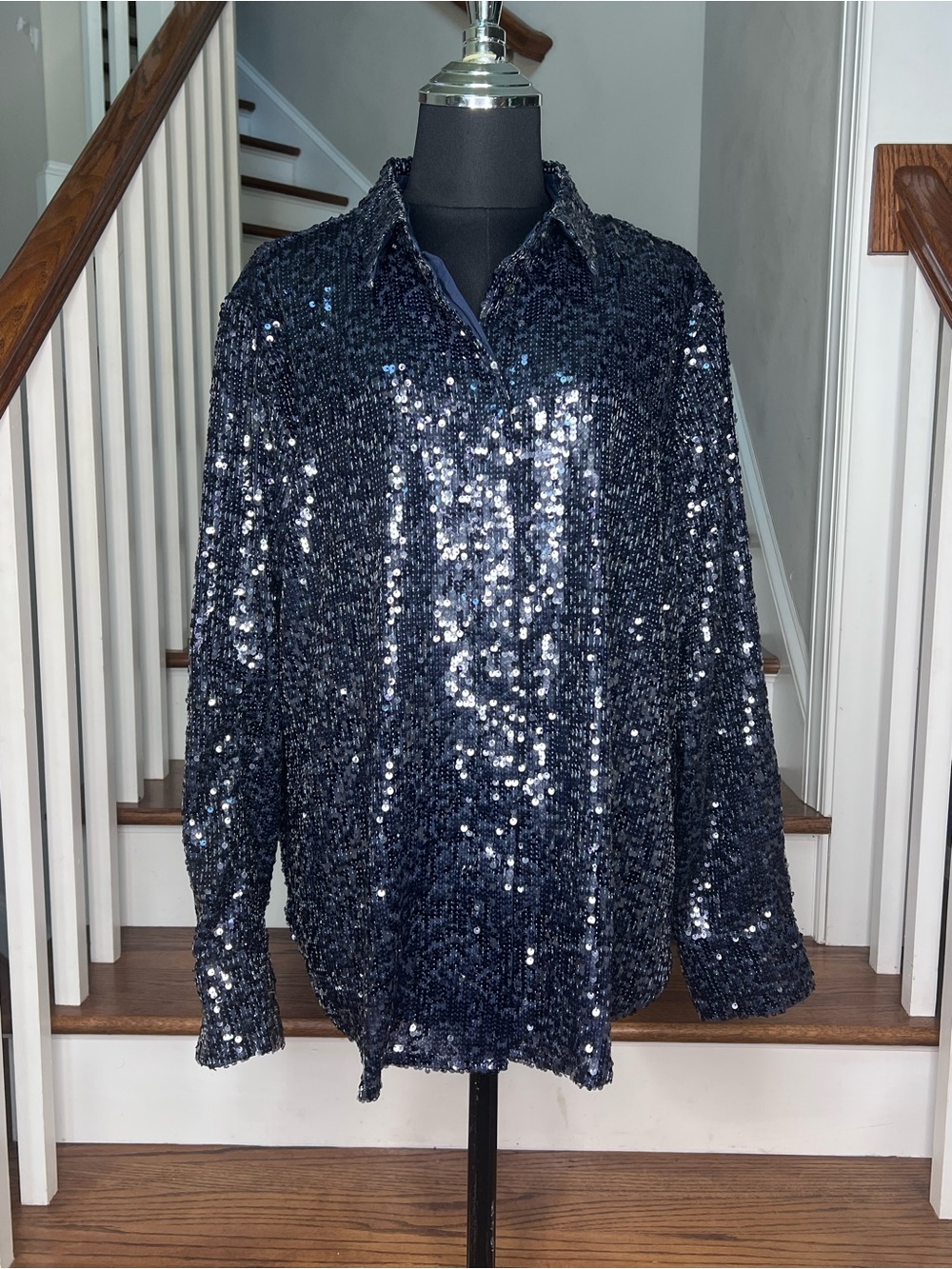 J.Crew Collection Navy Sequin Button Front Shirt Top Size 16 - Picture 2 of 7